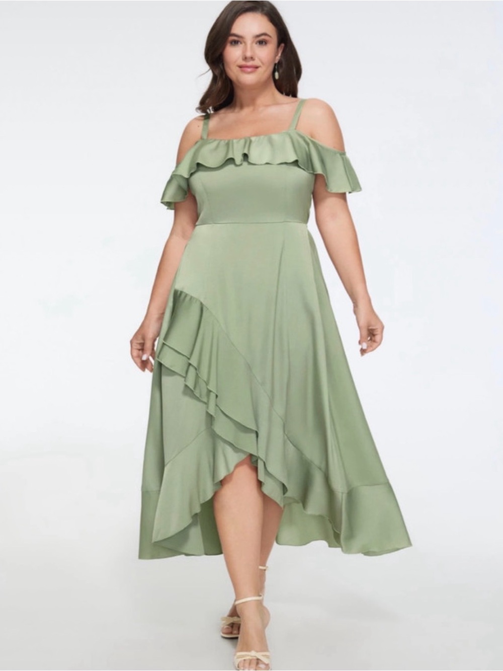 BloomChic Sage Green Ruffled High-Low Midi Dress
